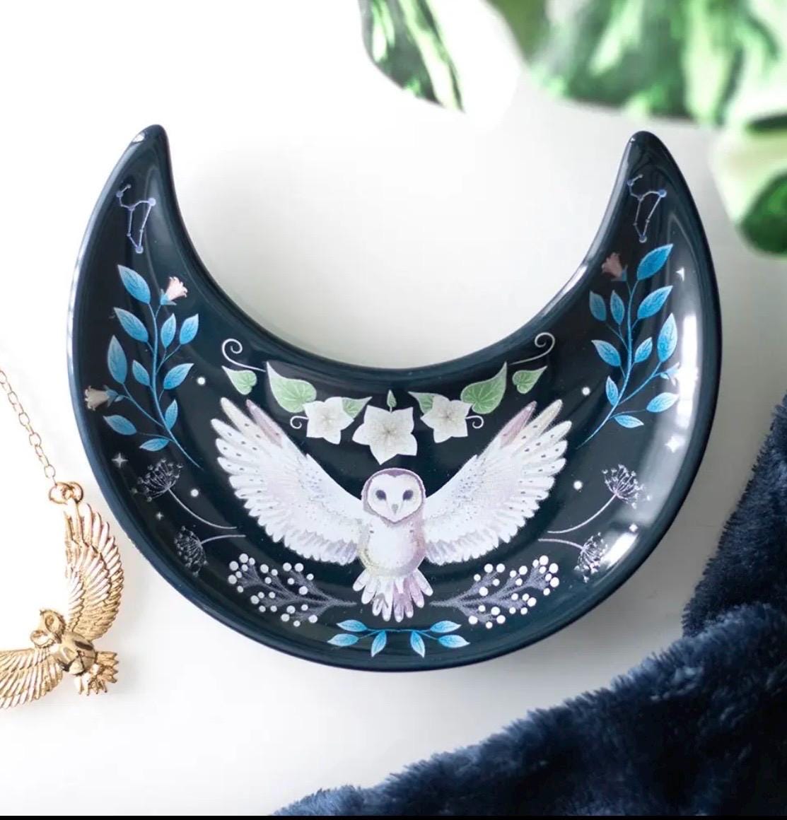 Witchy Crescent Moon Night Owl Ceramic Trinket Dish