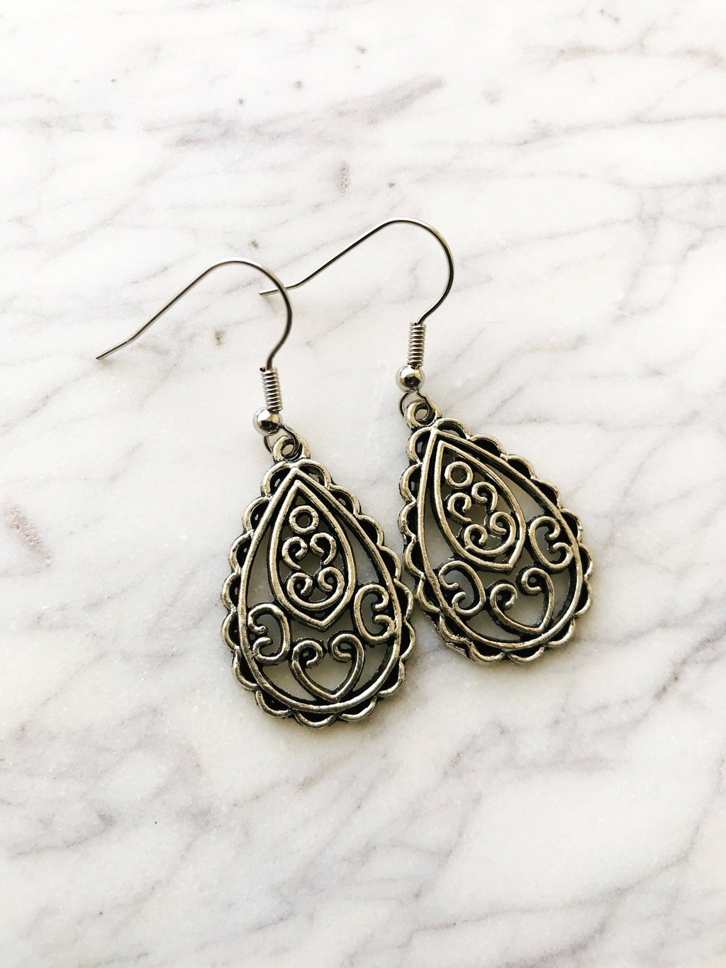 Tibetan Silver Filigree Teardrop Earrings