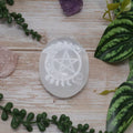 Selenite Palm Stone with Pentacle Moon Phases Engraving
