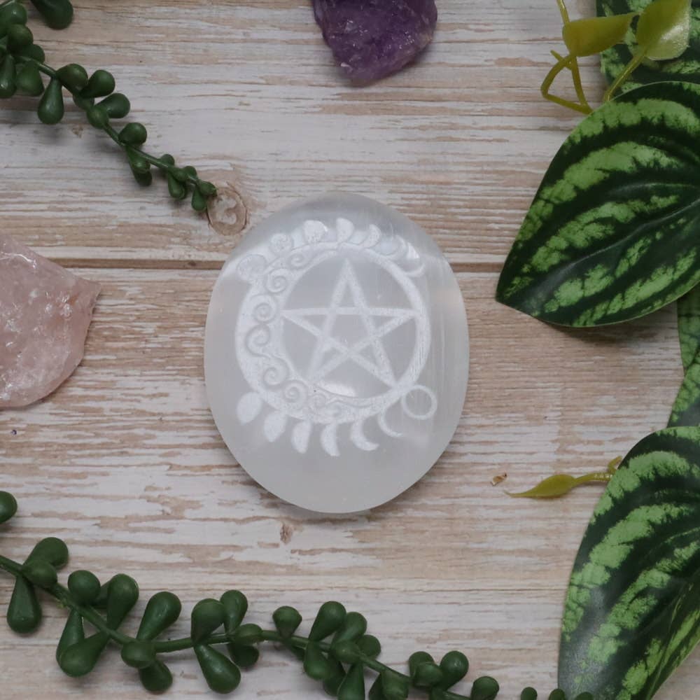 Selenite Palm Stone with Pentacle Moon Phases Engraving