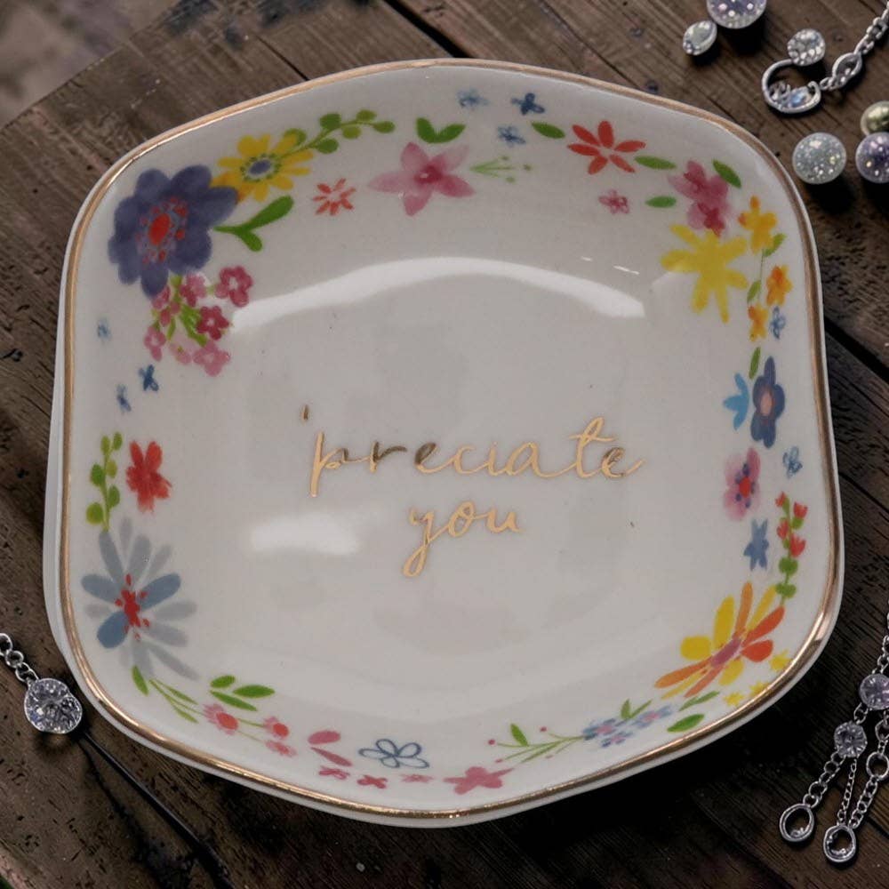 Cute White Trinket Dish with Flowers and the words “'Preciate you.”