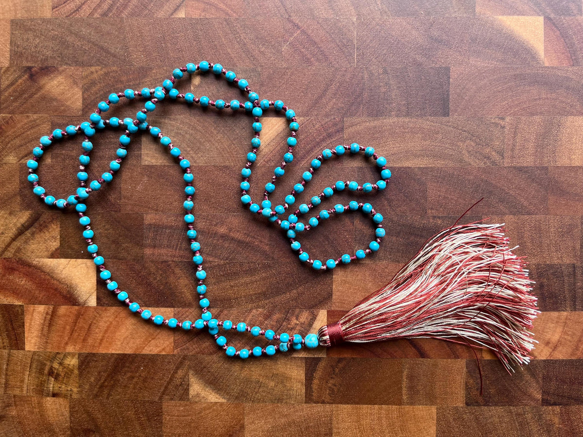 Turquoise Mala Beads – Calm, Communication & Golden Tassel