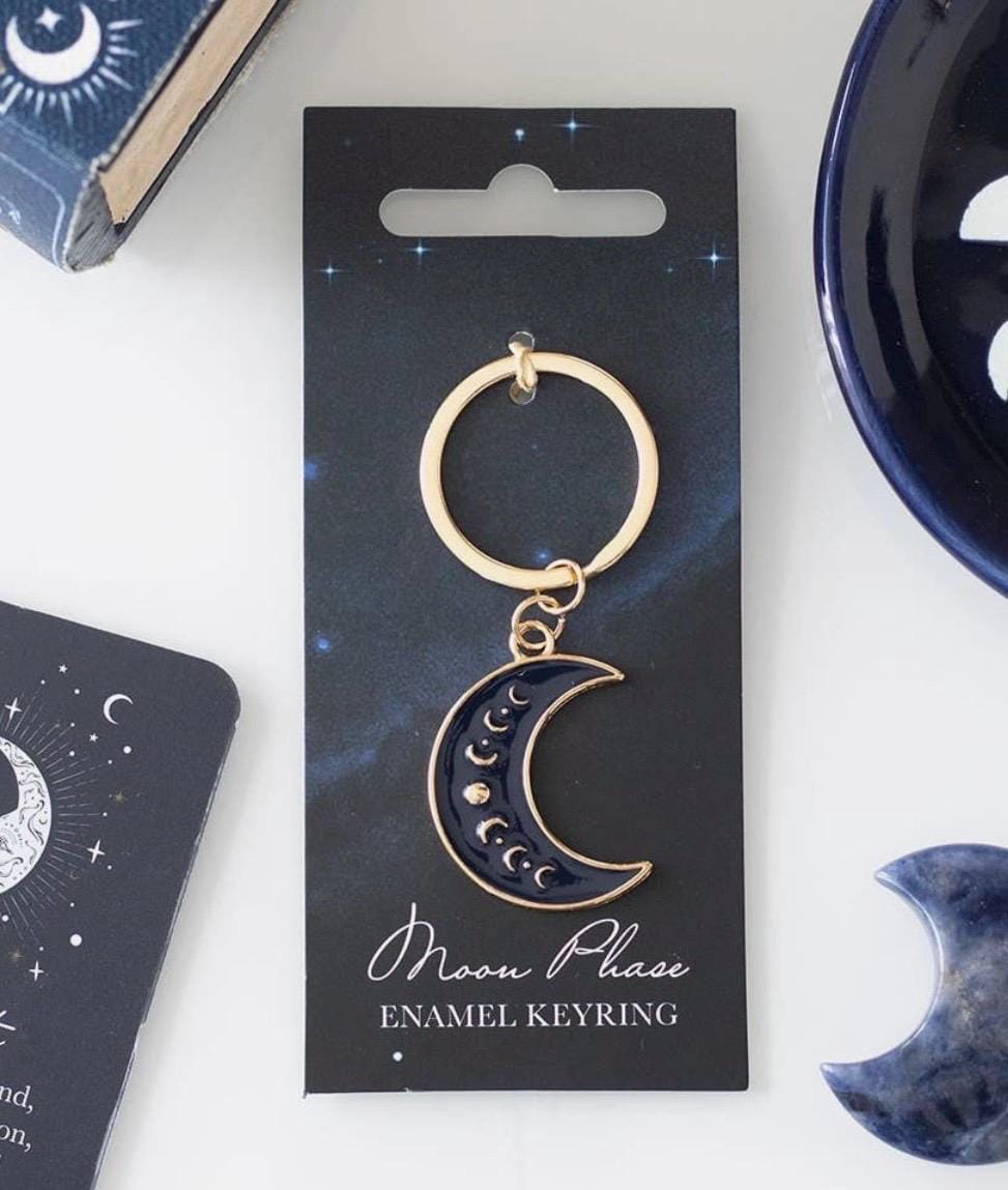 Blue Enamel Witchy Moon Phase Key Ring