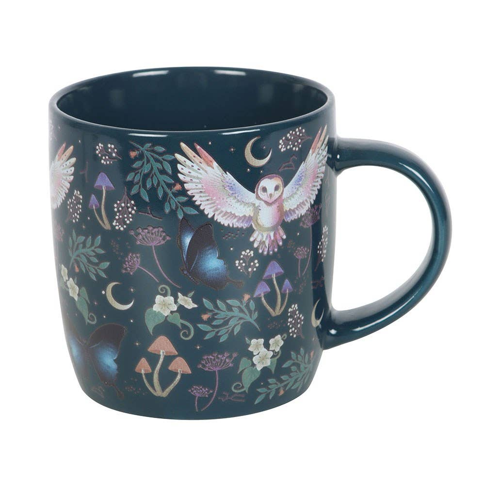 Witchy Boho Dark Night Owl Moon Forest Print Ceramic Mug