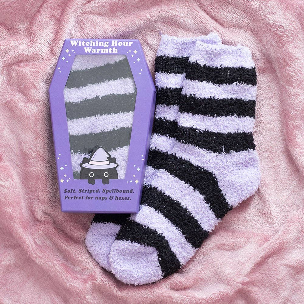 Witchy Goth Purple Striped Socks in Coffin Gift Box