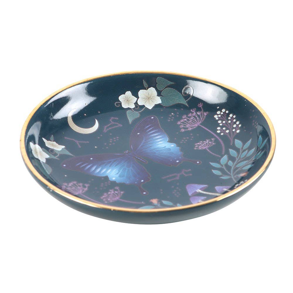 Dark Witchy Magical Round Midnight Moth Ceramic Trinket Dish