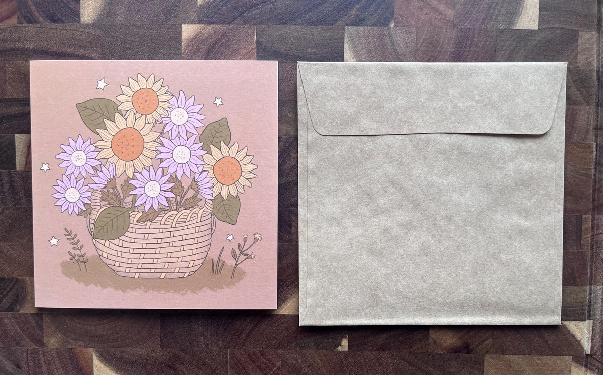 Basket of Sunflowers and Daisies - Blank Greeting Card