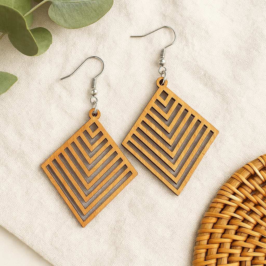 Cute Boho Timber Diamond Dangle Earrings | Geometric Drops Earrings: Dark Wood