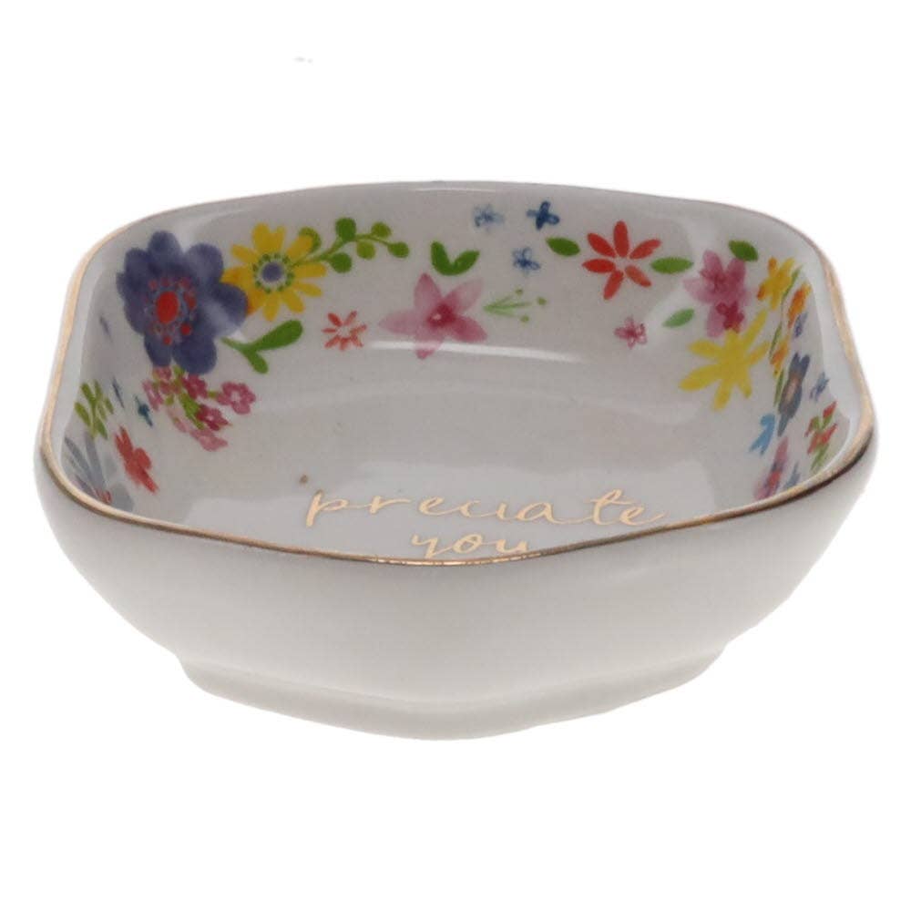 Cute White Trinket Dish with Flowers and the words “'Preciate you.”