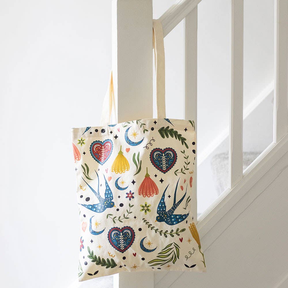 Cute Boho Cream Folk Print Polycotton Tote Bag