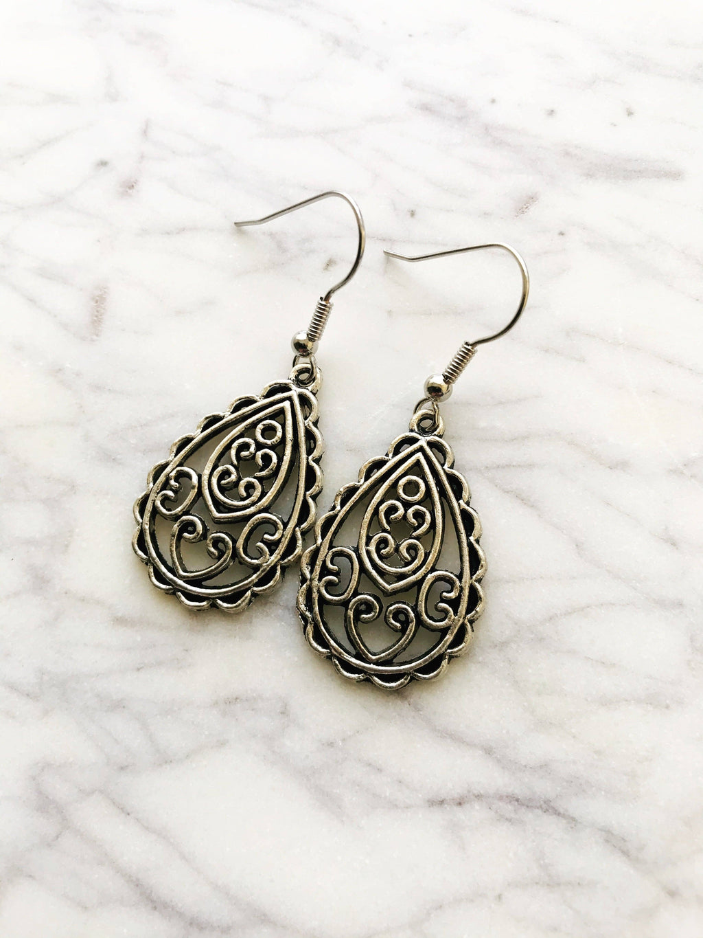 Tibetan Silver Filigree Teardrop Earrings