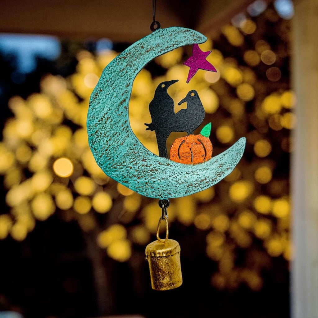 Witchy Goth Moon Crow Pumpkin Metal Wind Chime
