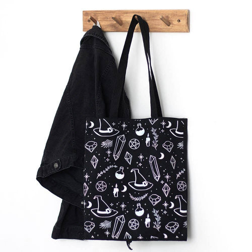 Black Crystal Witch Goth Print Poly Cotton Tote Bag