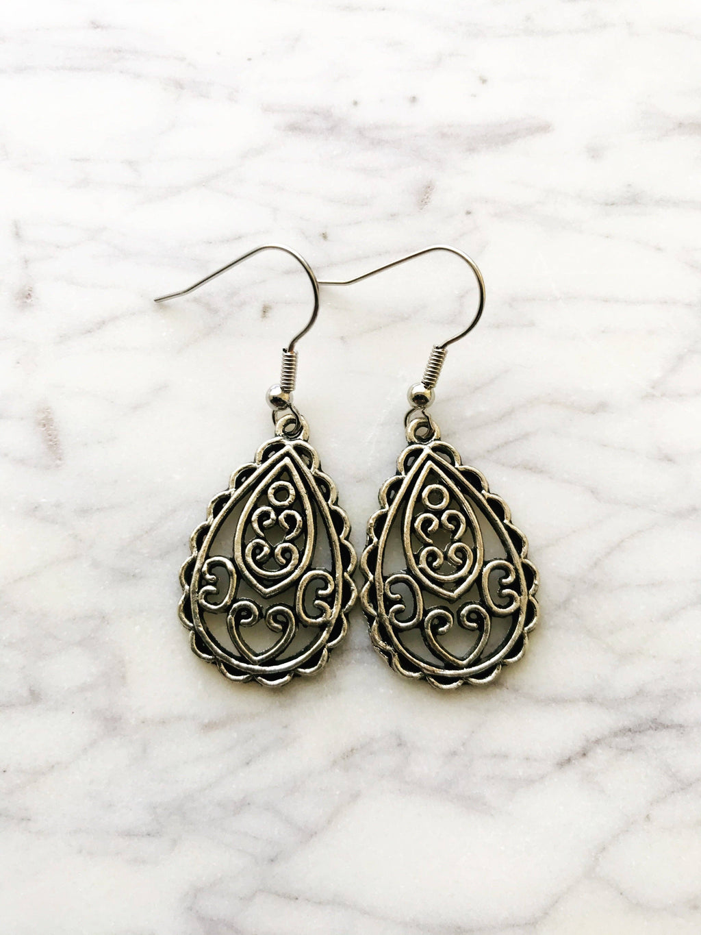 Tibetan Silver Filigree Teardrop Earrings