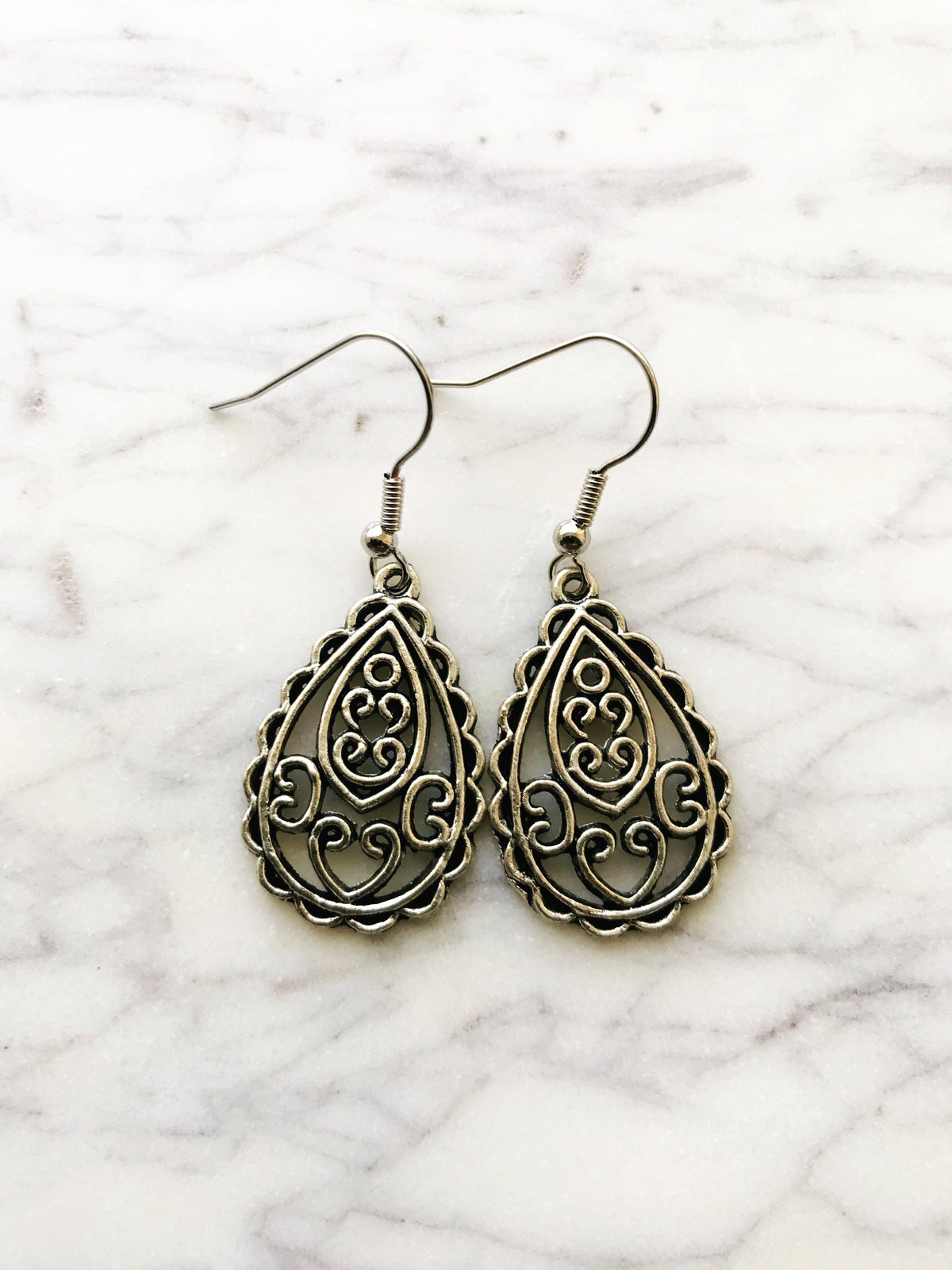 Tibetan Silver Filigree Teardrop Earrings