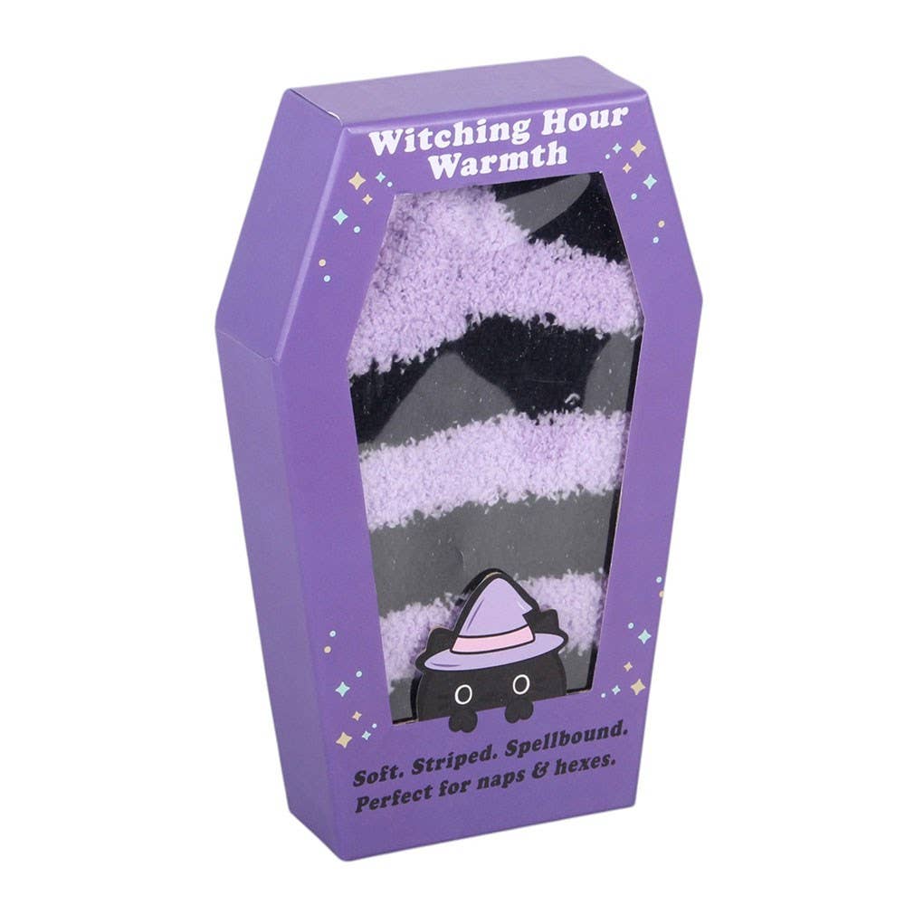 Witchy Goth Purple Striped Socks in Coffin Gift Box