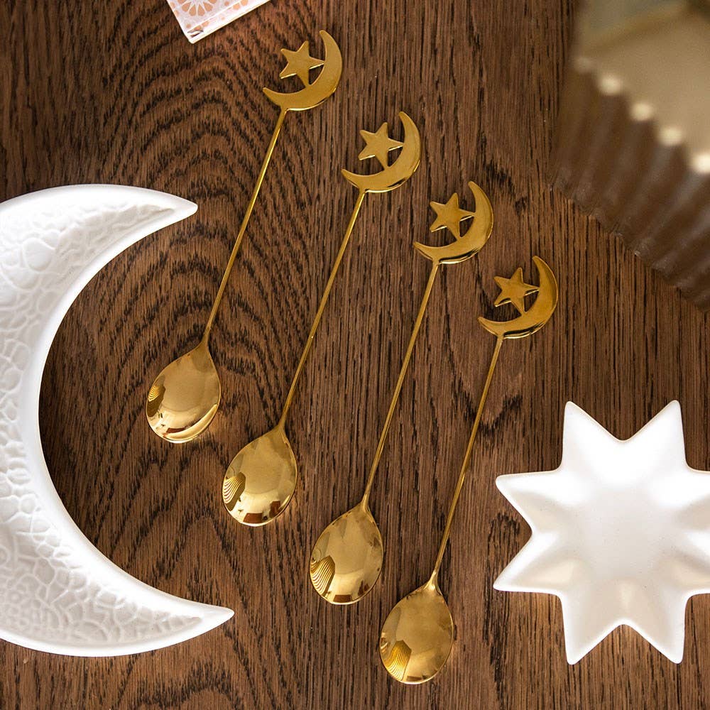 Witchy Star and Moon Set of 4 Golden Teaspoons