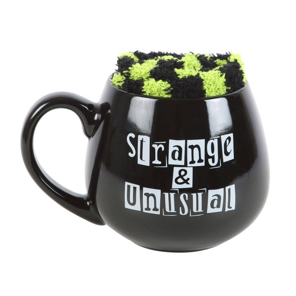 Black and White 'Strange and Unusual" Witchy Goth Mug with Yellow and Black Stripey Socks