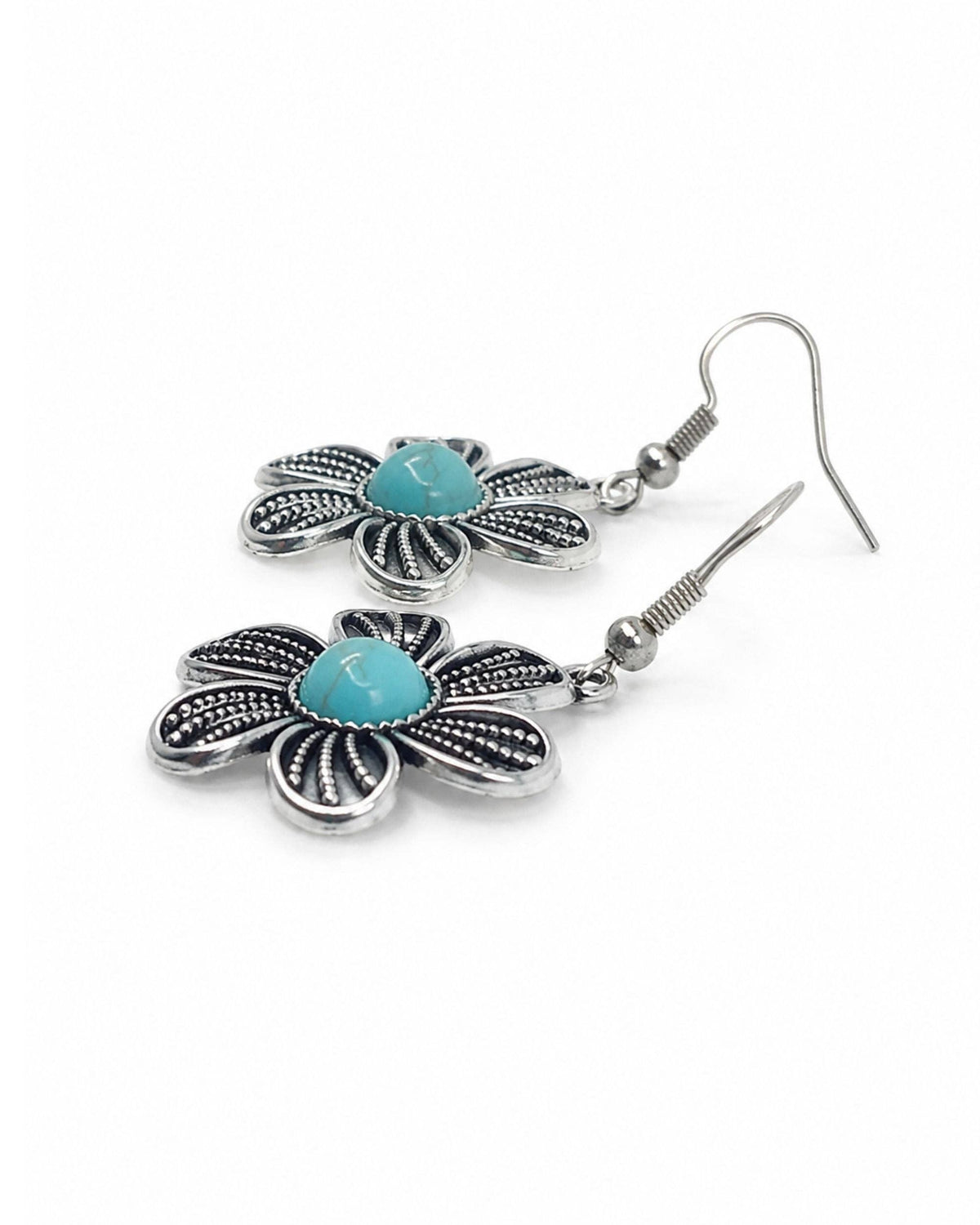Boho Gypsy Turquoise and Silver Flower Earrings