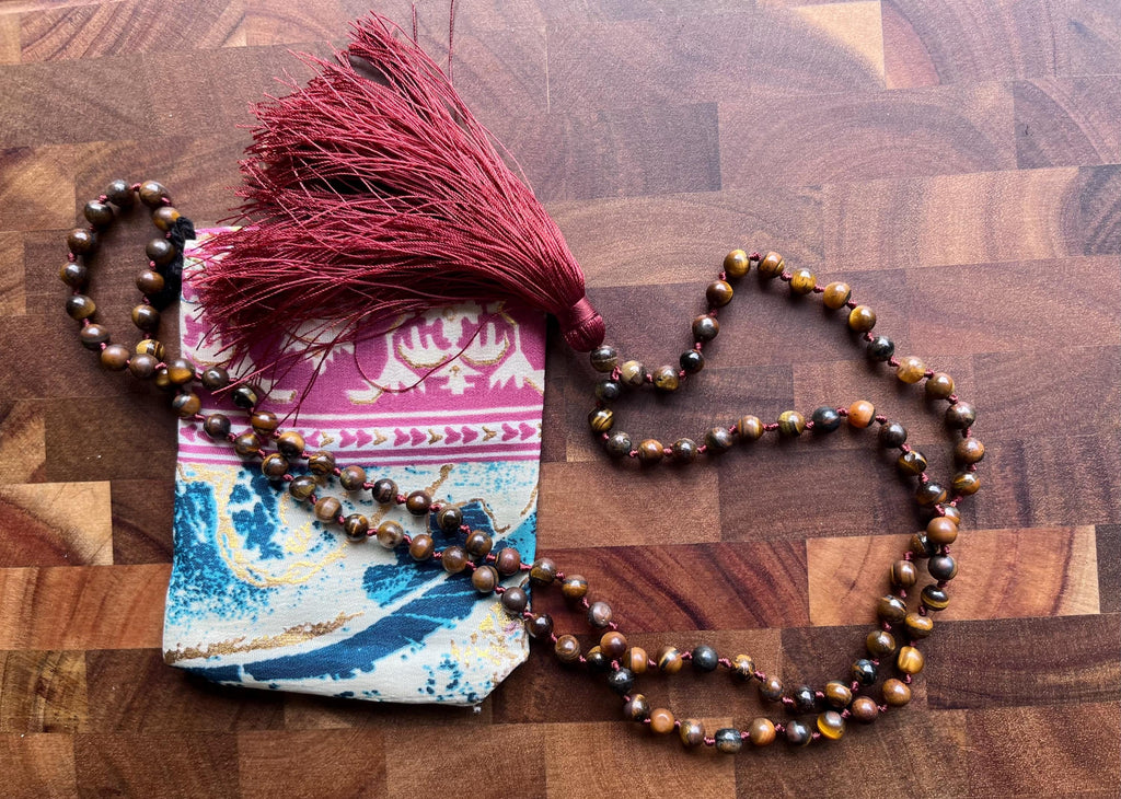 Tiger's Eye Mala Beads – Confidence, Strength & Golden Tassel