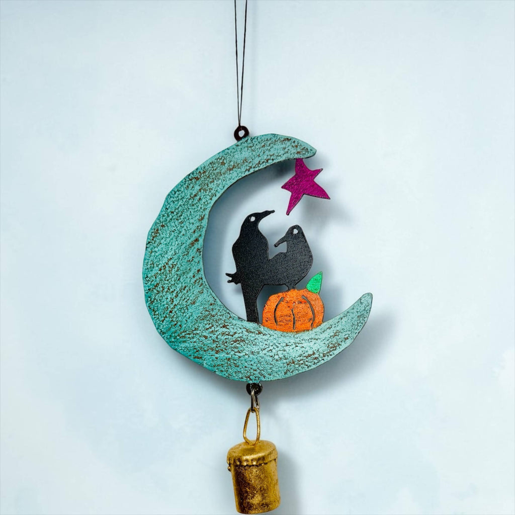 Witchy Goth Moon Crow Pumpkin Metal Wind Chime