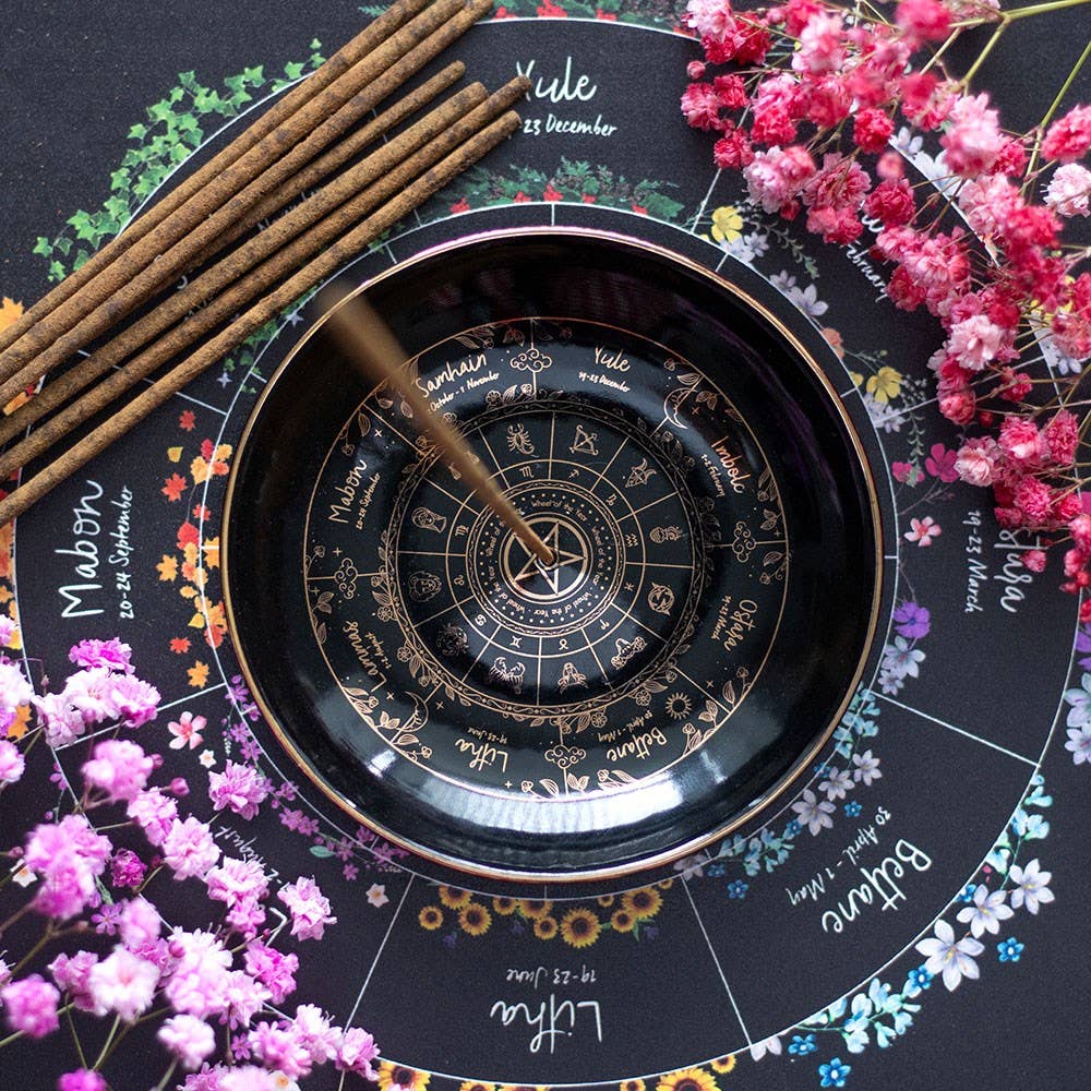 Black and Gold Witchy Goth 'Wheel of the Year' Incense Holder