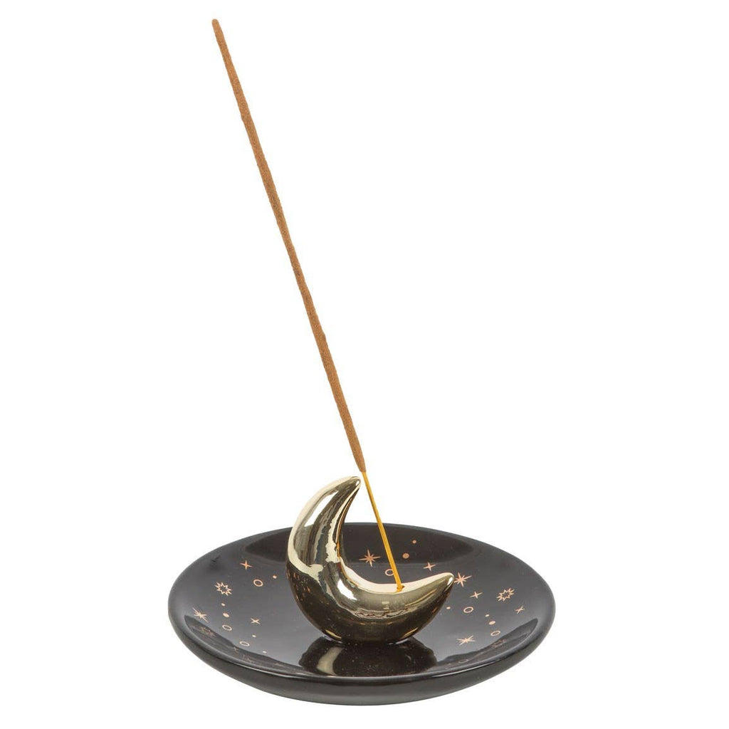 Black and Gold Crescent Moon Witchy Boho Incense Stick Holder