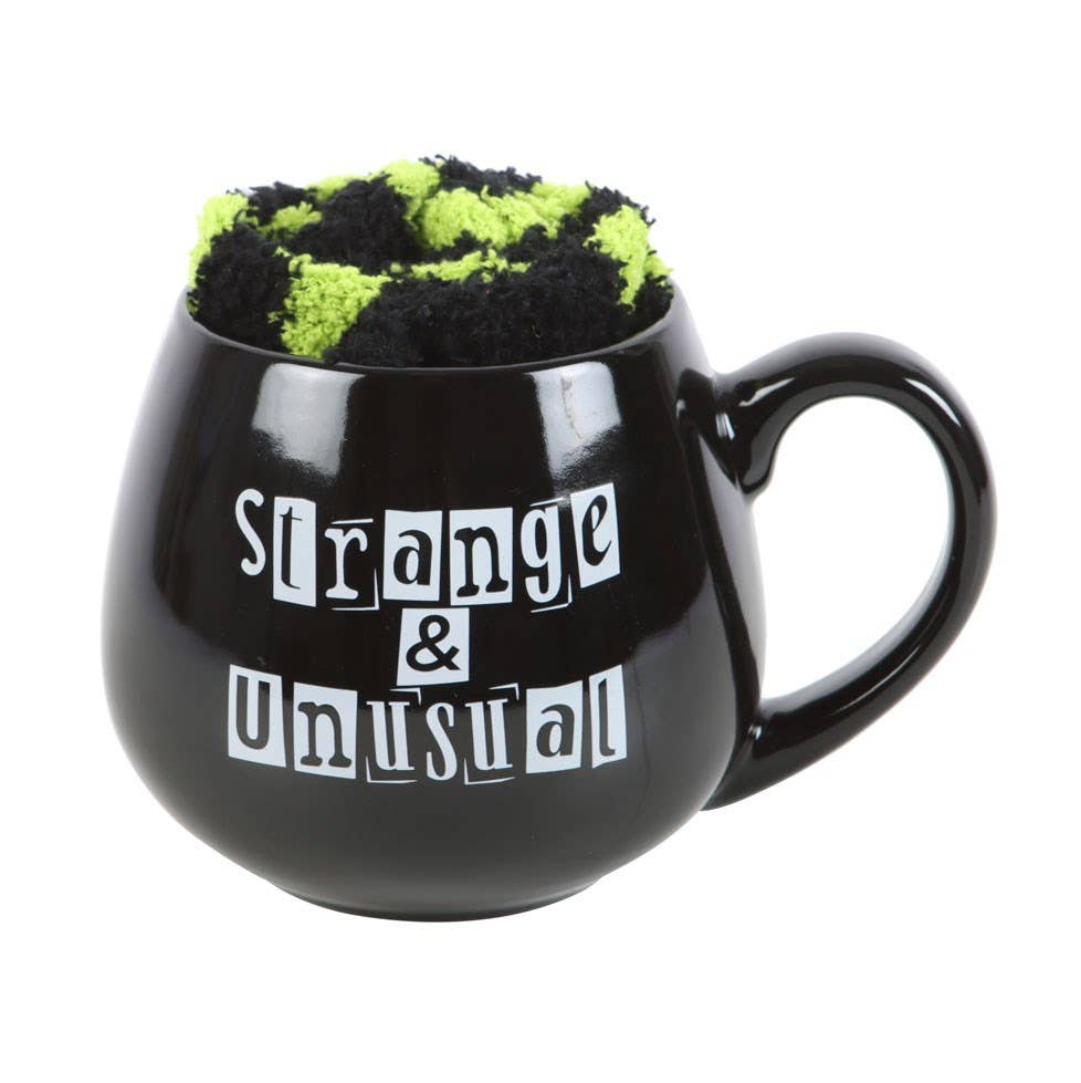 Black and White 'Strange and Unusual" Witchy Goth Mug with Yellow and Black Stripey Socks