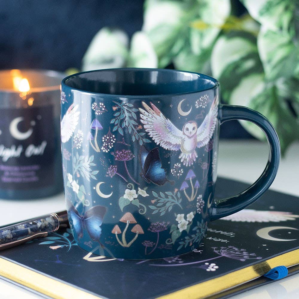 Witchy Boho Dark Night Owl Moon Forest Print Ceramic Mug