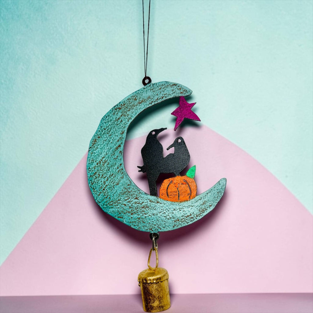 Witchy Goth Moon Crow Pumpkin Metal Wind Chime