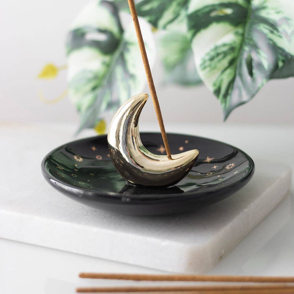 Black and Gold Crescent Moon Witchy Boho Incense Stick Holder