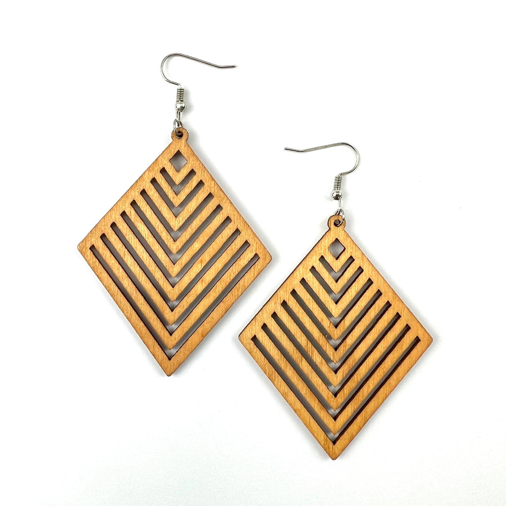 Cute Boho Timber Diamond Dangle Earrings | Geometric Drops Earrings: Dark Wood