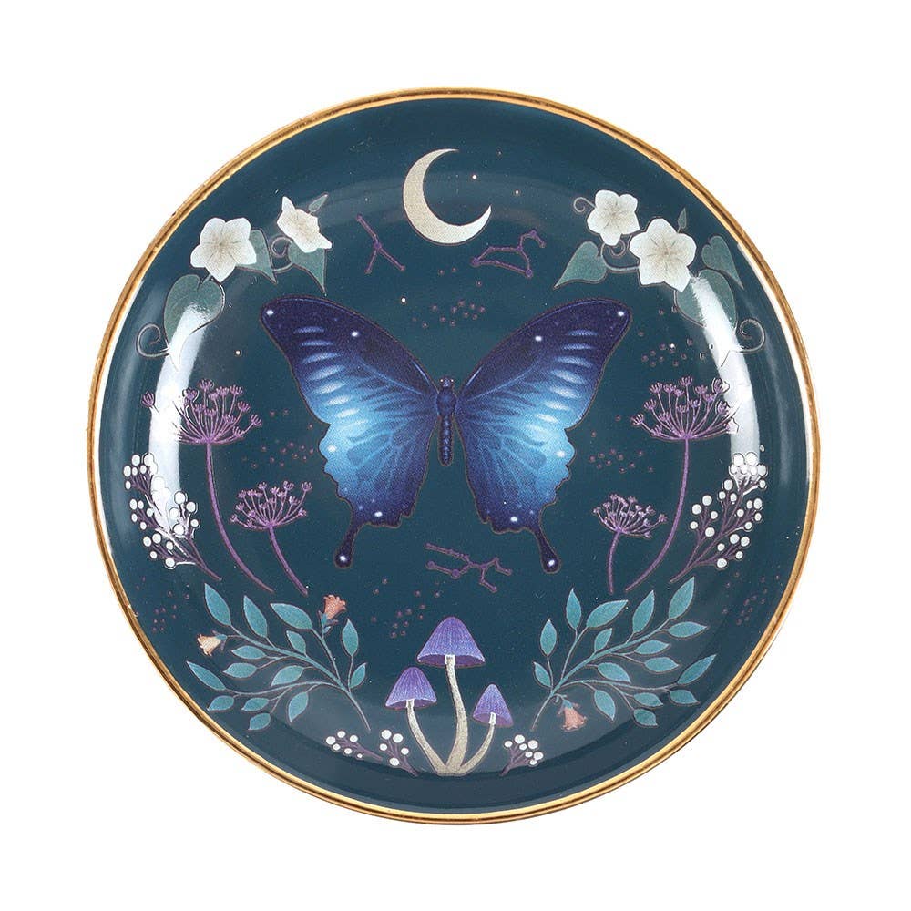 Dark Witchy Magical Round Midnight Moth Ceramic Trinket Dish