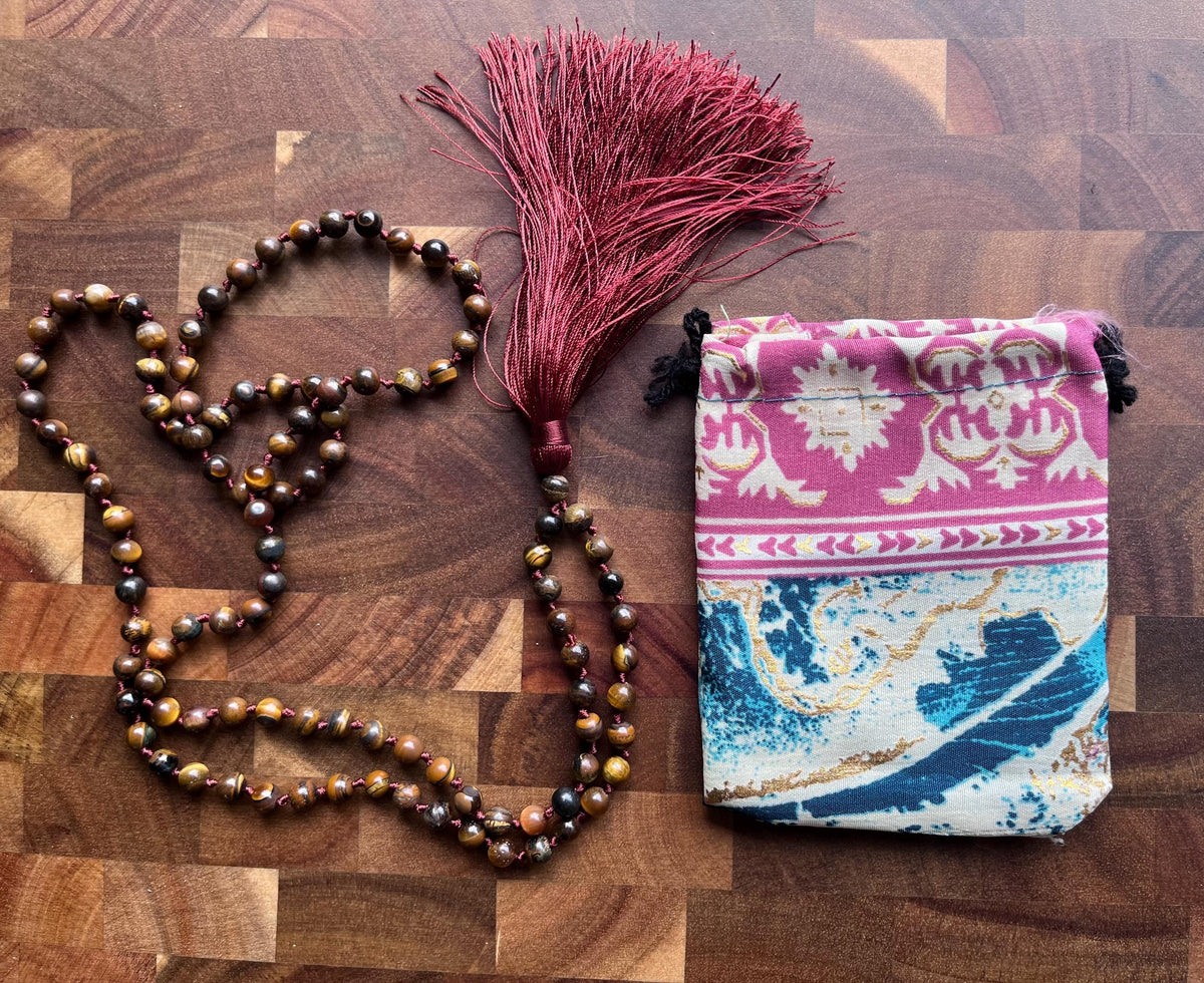 Tiger's Eye Mala Beads – Confidence, Strength & Golden Tassel