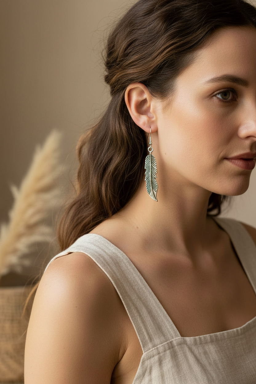 Close-up model photo showing the vintage silver feather earrings