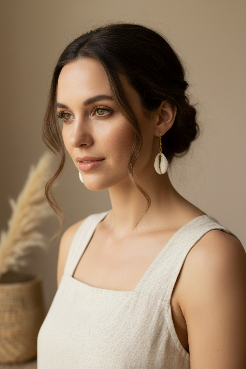 Cowrie shell earrings model photo