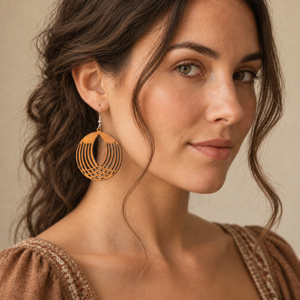 Dark-haired boho woman wearing the timber drop earrings
