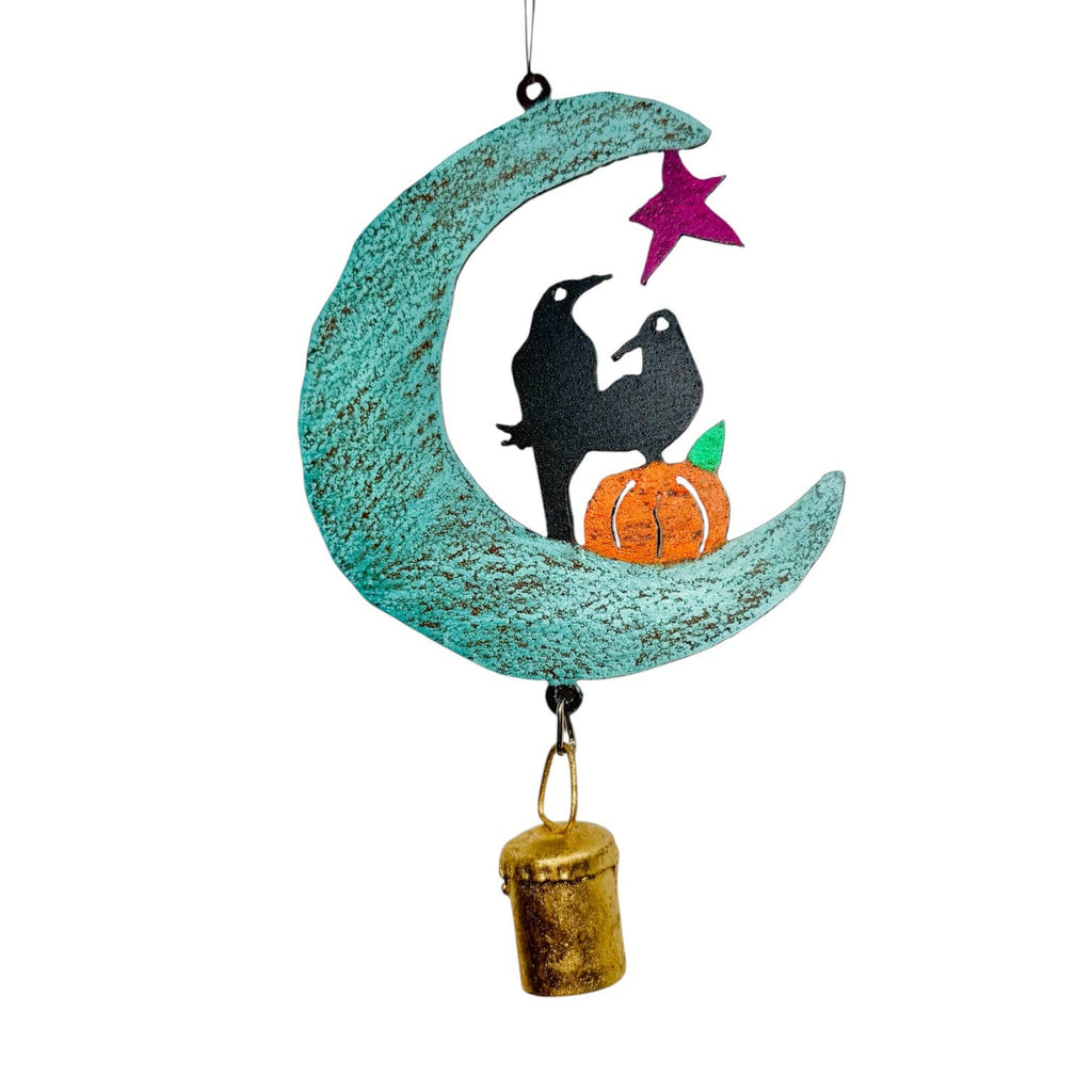 Witchy Goth Moon Crow Pumpkin Metal Wind Chime