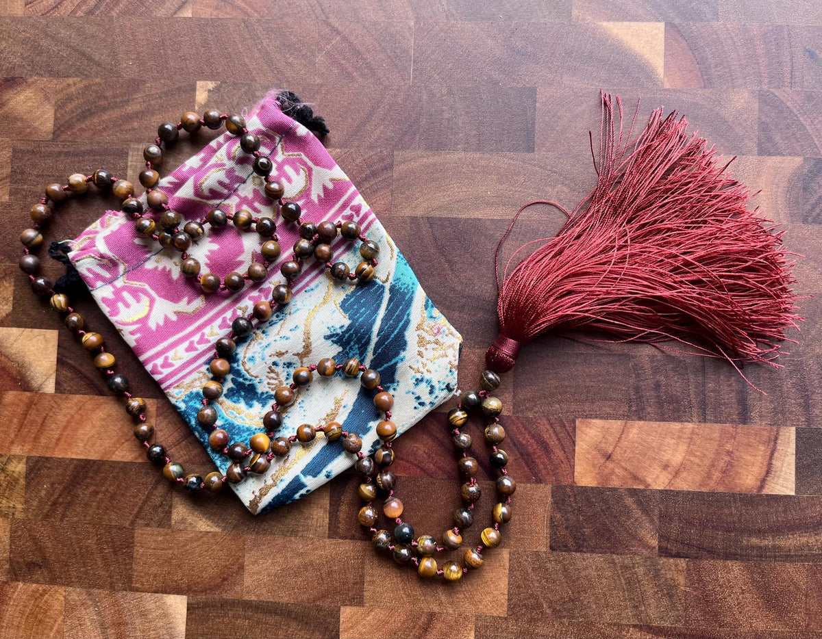 Tiger's Eye Mala Beads – Confidence, Strength & Golden Tassel