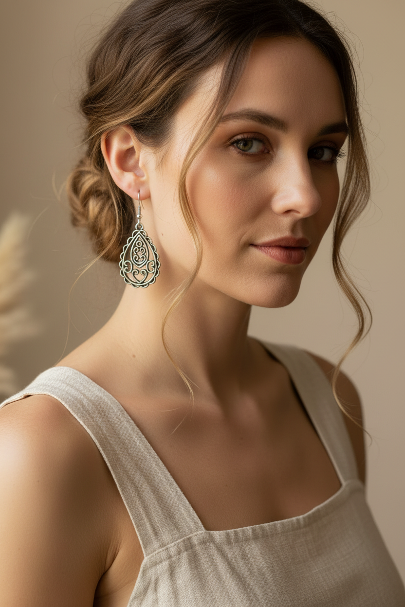 Filigree teardrop earrings model photo