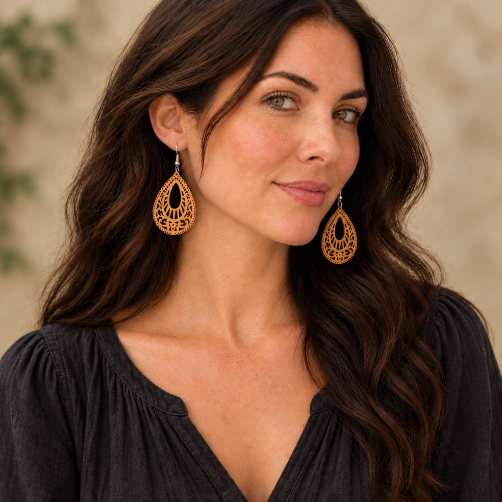 Natural model wearing floral timber teardrop earrings