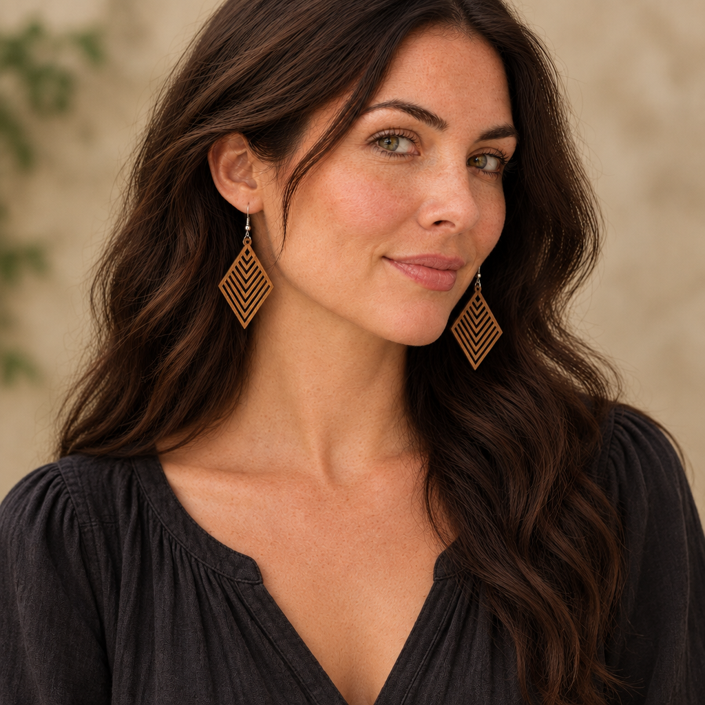 Natural model wearing the dark timber diamond earrings with visible shirt