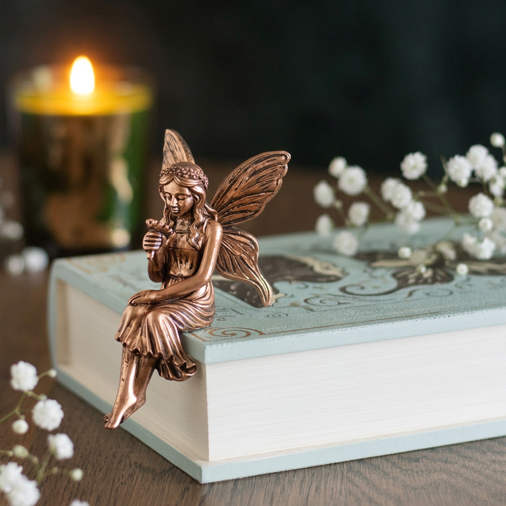 Product photo with one bronze fairy sitting on a mint-coloured book