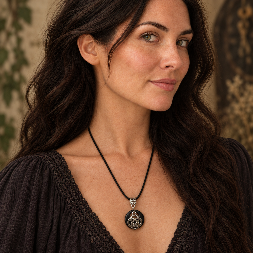 Witchy model wearing the black and silver Celtic knot necklace